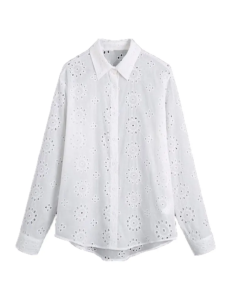 

Nlzgmsj ZBZA Women Fashion Hollow Out Embroidery Loose White Blouses Vintage Long Sleeve Button-up Female Shirts Chic Top 202202