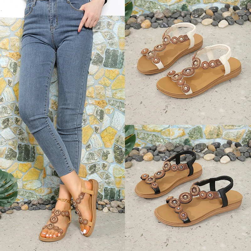 

Sandals Summer Women Flat Clip Toe Flip Flops Beach Shoes Retro Roma Rhinestones Wedge Sandalias Designer Casual Shoes