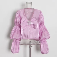 patchwork bowknot fold pleated shirt for women v neck lantern sleeve solid minimalist blouses female fashion new