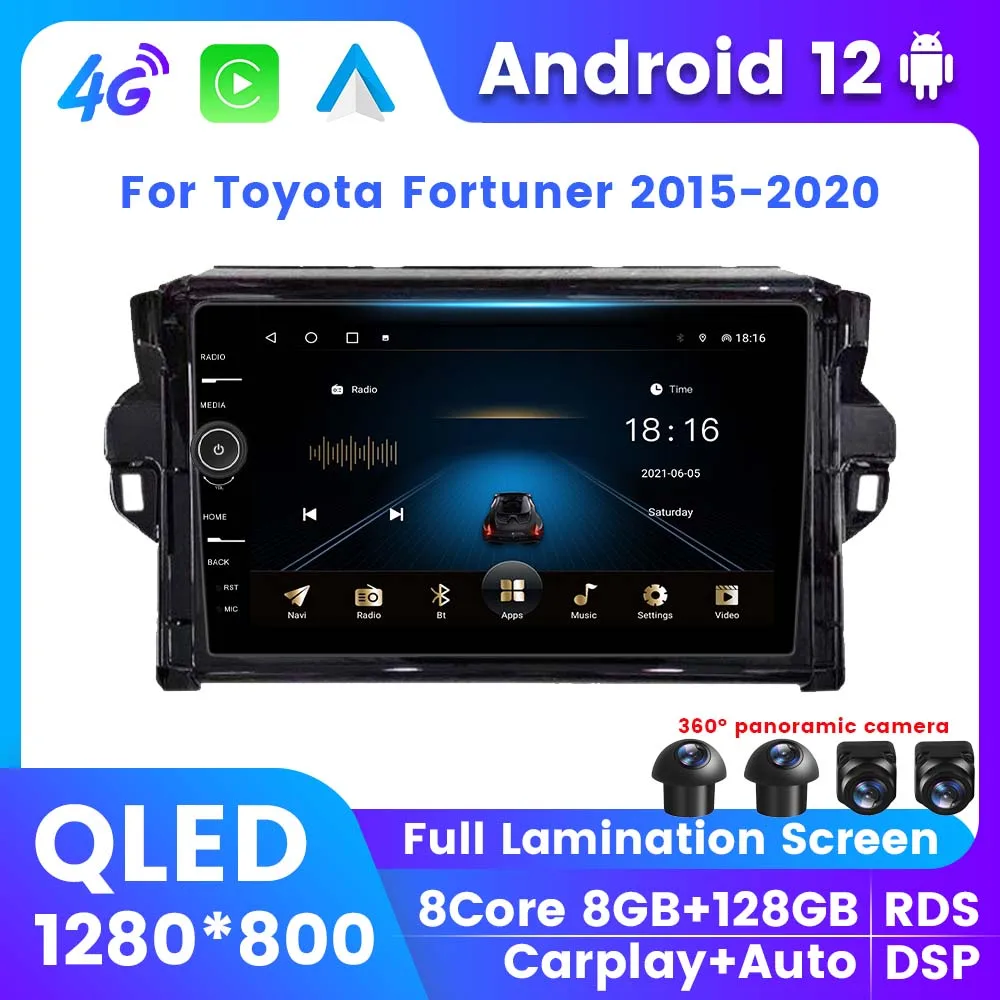 

QLED Android 12 автомобильный радиоприемник для Toyota Fortuner 2015 2016 2017 2018 - 2020 GPS беспроводной охлаждающий вентилятор для Carplay 2Din экран с ручкой