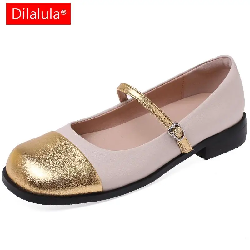 

Dilalula Women Pumps Spring Summer Office Ladies Dress Low Heeled Round Toe Concise Sweet Genuine Leather Mary Janes Shoes Woman