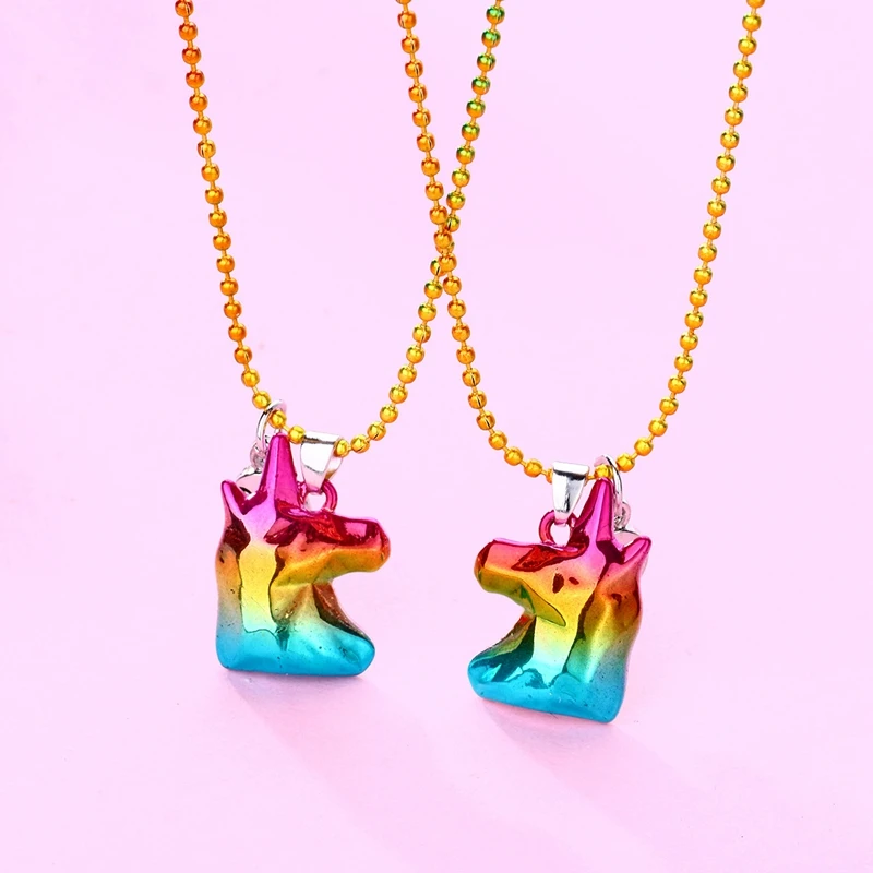 

2pcs/set BFF Rainbow Color Unicorn Pendant Necklace For Women Clavicle Chain Banquet Party Jewelry Gift
