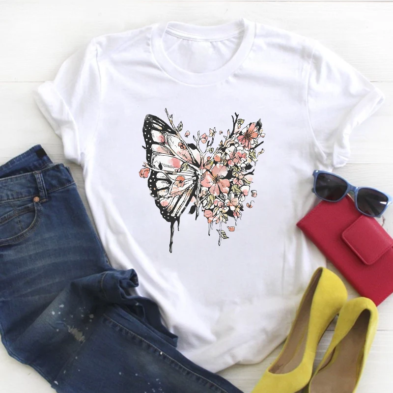 

Women Flower Butterfly Fashion Print Short Sleeve Ladies Summer T Tee Female Top Shirt Clothes Tshirt Womens Graphic T-shirt