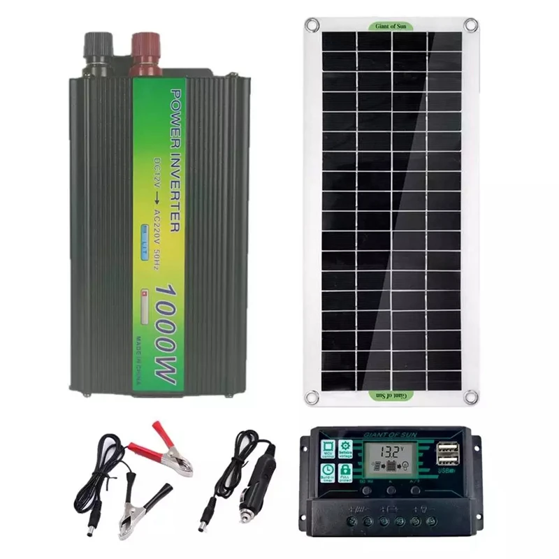 

220V 30W Solar Panel Battery Charger 1000W Inverter USB Kit Complete Controller Solar Power System