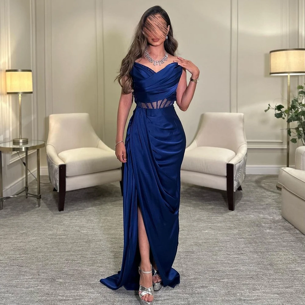Изысканные синие элегантные вечерние платья в стиле ретро для выпускного вечера