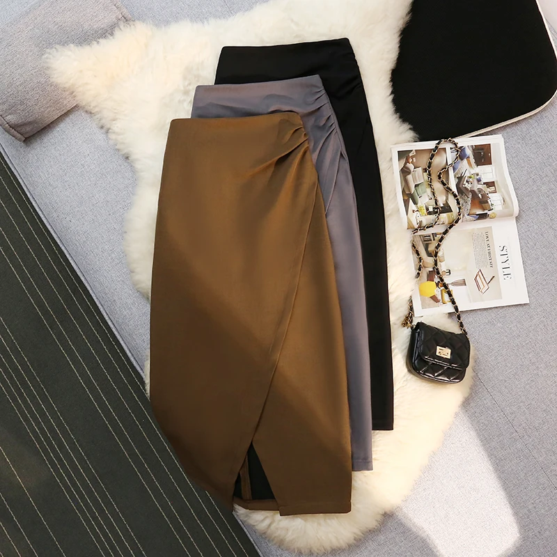 

Юбка Женская Асимметричная с разрезом, Элегантная модная Милая длинная юбка с завышенной талией, с запахом на бедрах, в Корейском стиле, осень