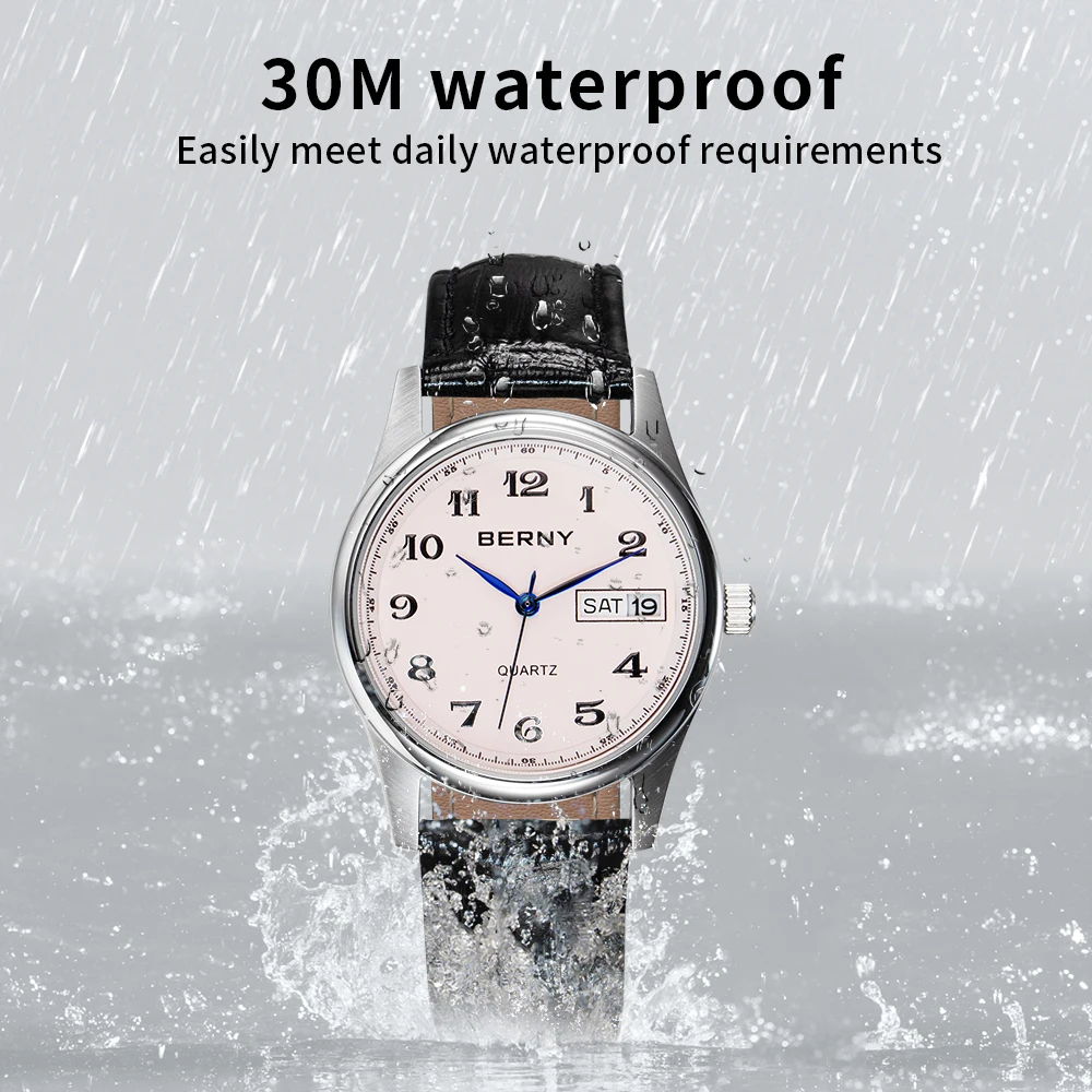 BERNY Miyota 2405 Quartz Watch for Women Business Wristwatch Day Date Calendar Classic  Genuine Leather Lady Watches Waterproof enlarge