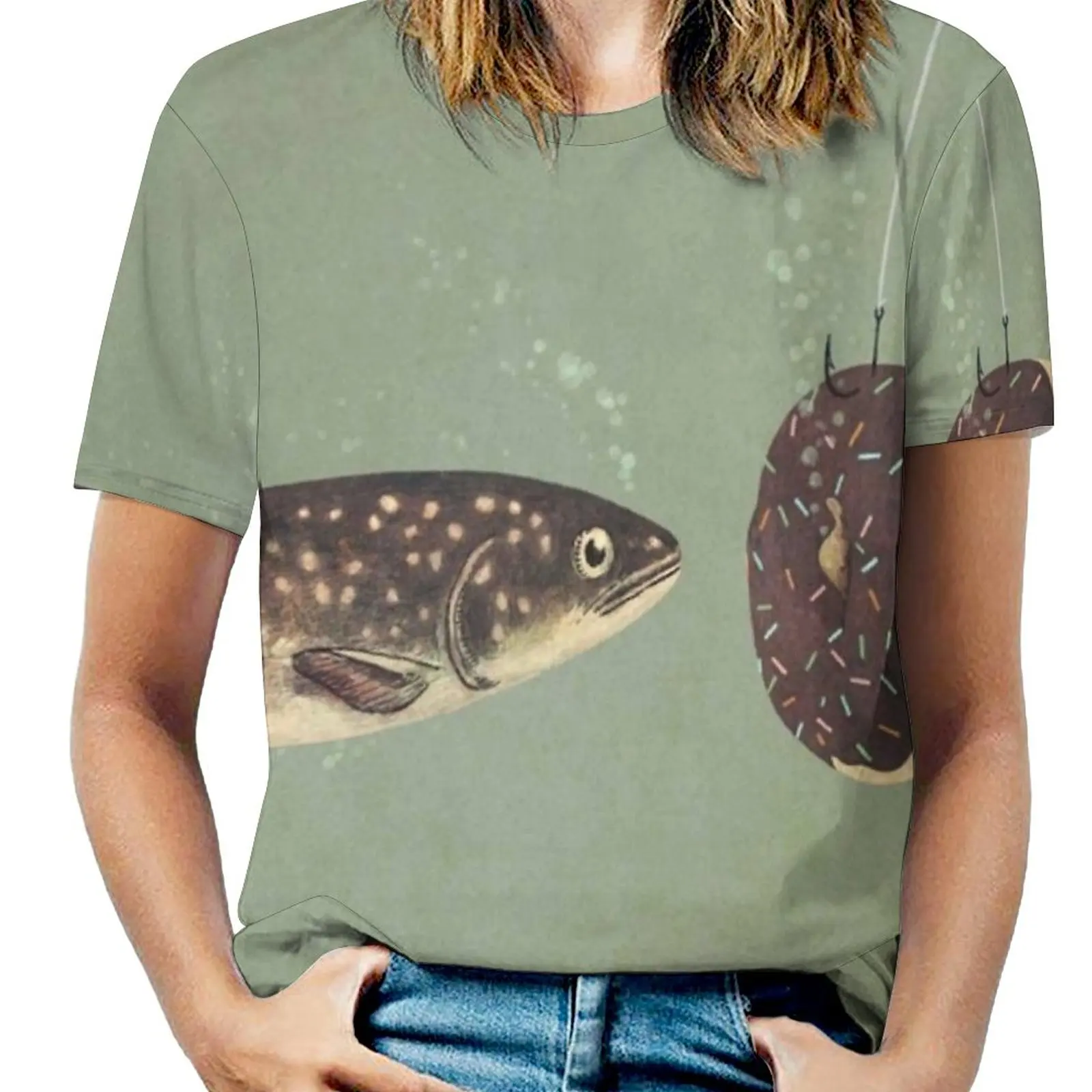 

Irresistible Bait Women T-Shirt Crewneck Casual Short Sleeve Tops Summer Tees Fish Fishing Trout Food Donut Funny Cute Surreal