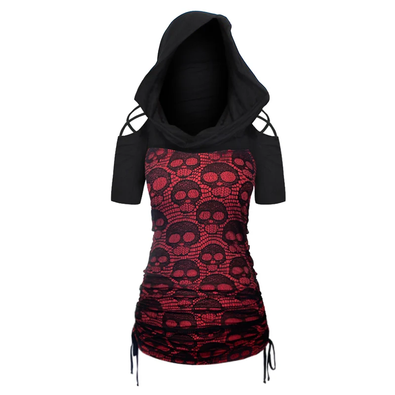 

Skull Lace Panel Cinched Short Sleeve Hooded T Shirt Women Top Hooded Skull Tee Drawstring Black T Shirt Summer T-Shirts