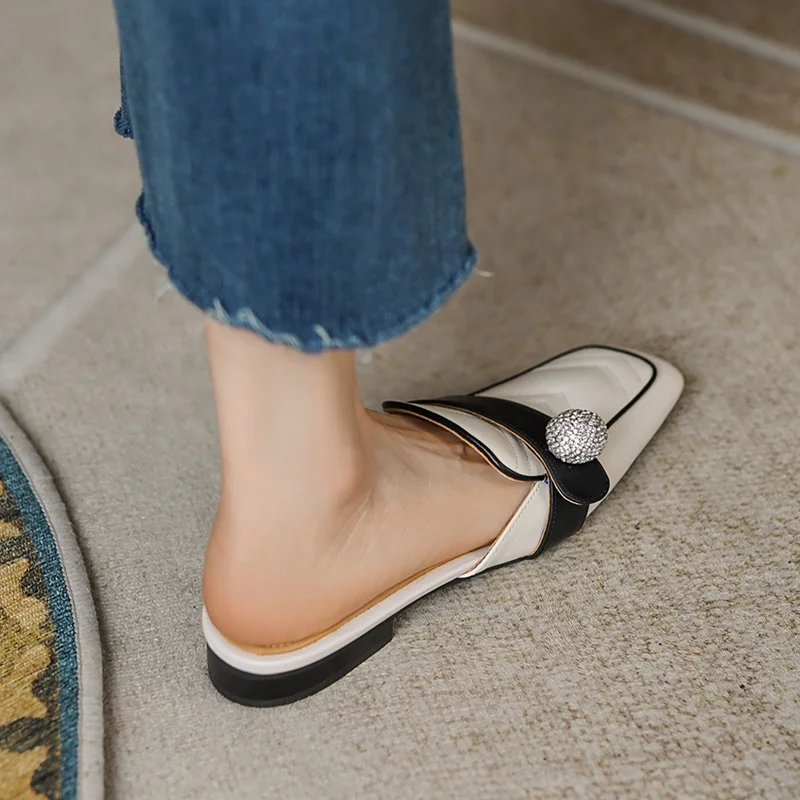 

Square Cow Leather Toe Slippers Casual Flats Women Crystals Without Heel Spring Autumn Mules Woman Simple Shoes 2022