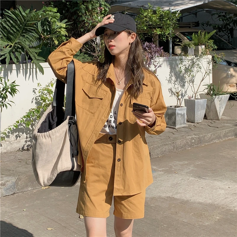 

Women's Casual Two Pieces Shorts Set Spring Summer Long Sleeve Loose Shirt Jacket Top + High Waist Shorts Lady Shorts Suits
