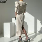 Женское платье с юбкой годе EWQ, черное плиссированное платье до середины икры с О-образным вырезом и рукавом до локтя, модель R1348 в Корейском стиле на весну 2022