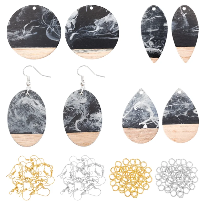 

1Box Round Oval Teardrop Resin Wooden Pendants with Ear Hooks Jump Rings for Jewelry Making Two Tone Dangle Earrings DIY Crafts