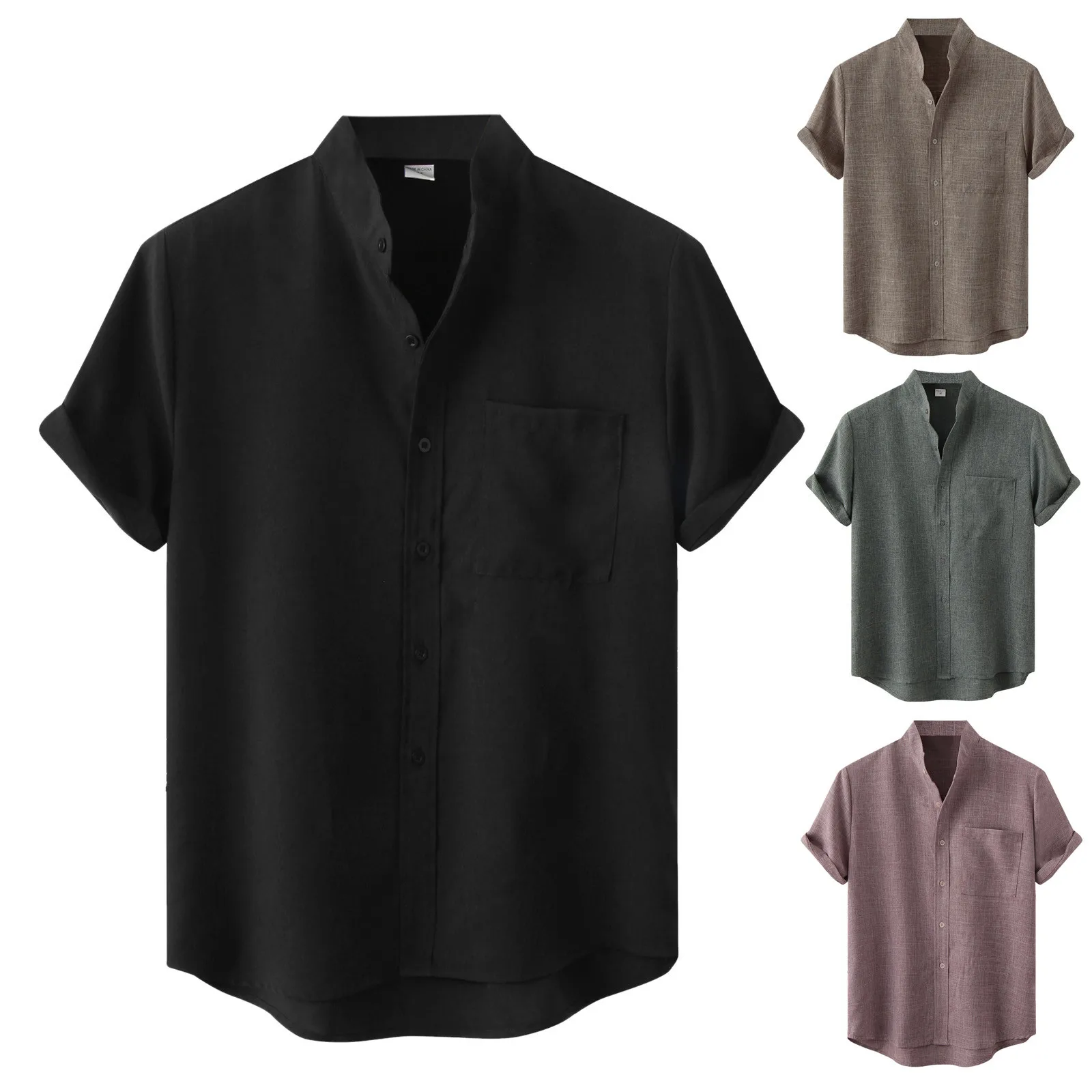 

Men's Summer Casual Top Shirt Solid Button Short Sleeve Tops Shirt Loose Pocket Stand Collar Shirt Blouse Party Harjauku
