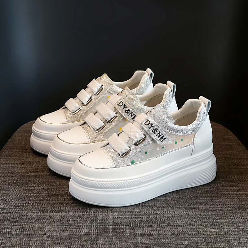 Genuine Leather Casual Sneakers Women Trends 2023 Summer White Tennis Platform Sports Shoes Girls Flats Chic Elegant High Heels