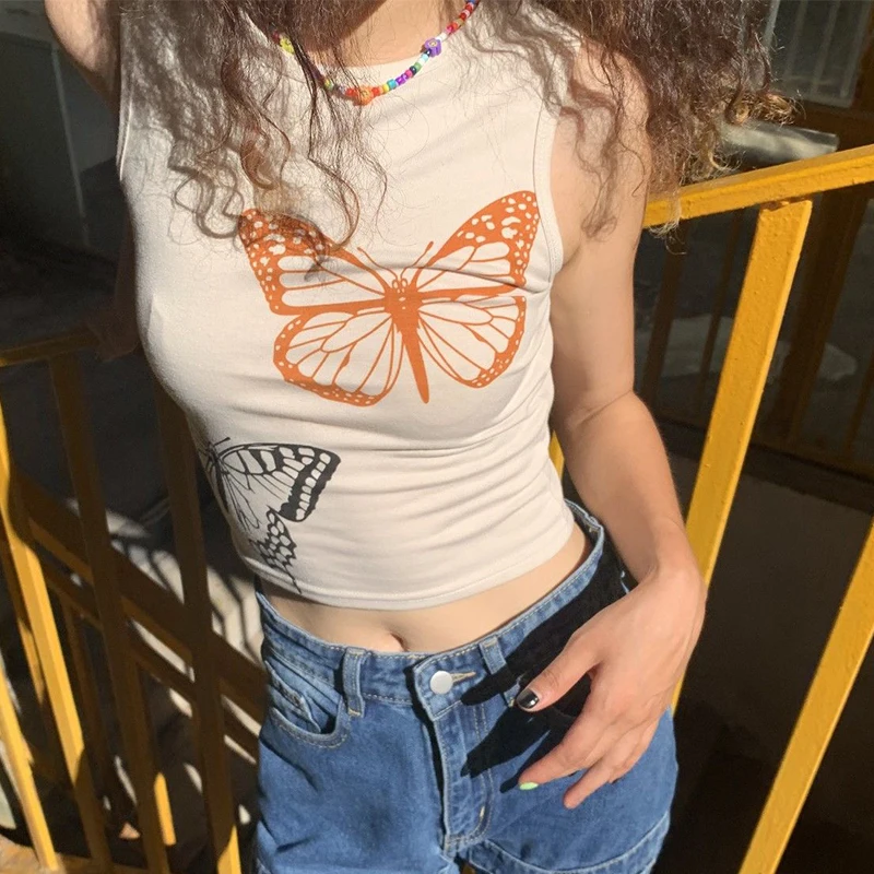 

Vintage O-Neck Y2K Butterfly Print Women's T-Shirt Fashion Short Sleeve Ladies Tank Top Slim Sexy Crop Tops 2022 Summer New