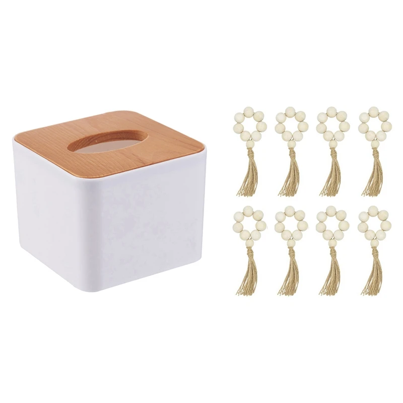 

1x Square Wooden Tissue Box Case Napkin Holder & 8Pcs Handmade Natural Wooden Bead Napkin Rings Holder