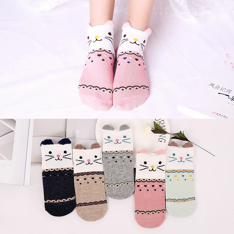 5Pairs/set Cartoon Women's Socks Casual Boat Socks 3D Pack Harajuku Animal Cute Invisible Funny Girl Ankle Sock Low Tube Hosiery