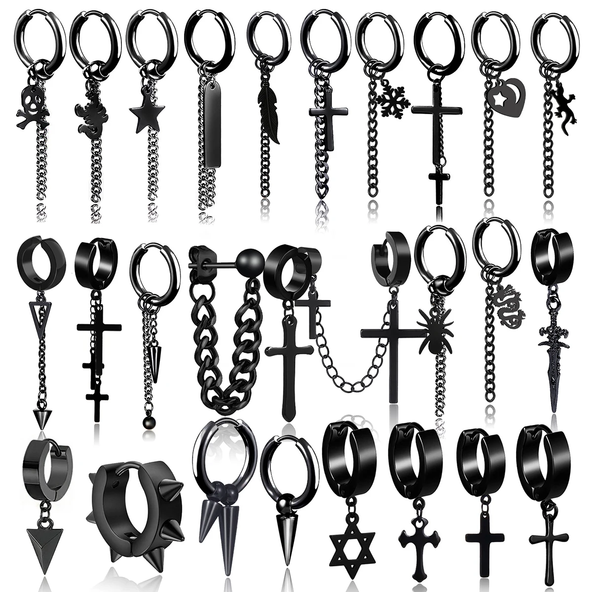 

1Pcs Multi-Style Geometric Black Earrings Retro Gothic Stainless Steel Cross Dragon Heart Pendant Earrings Punk Ear Jewelry