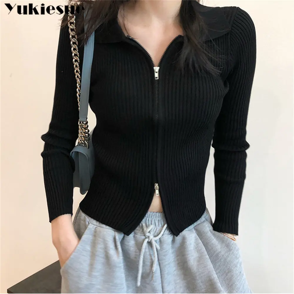 

Топ с длинным рукавом, сезон осень-зима, вязаный кардиган в полоску с двойной молнией, свитер, Женская однотонная короткая куртка, облегающий пупок с лацканами