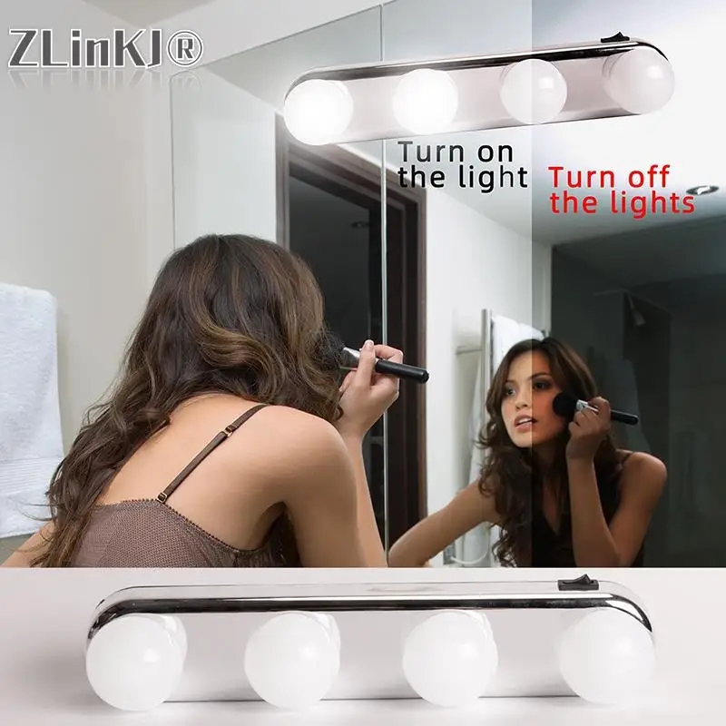 LED Makeup Mirror Light 4 Bulbs Suction-Cup Vanity Wall Lamp