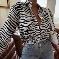 fashion women office lady shirts button down lapel abstract zebra print long sleeve loose vintage shirt femme tops 2022 autumn