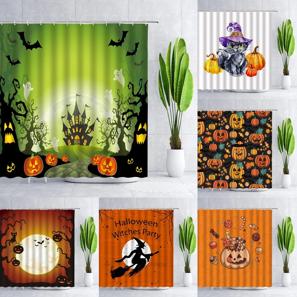 

Holiday Shower Curtain Halloween Pumpkin Decoration Owl Horror Night Moon Witch Scarecrow Bat Spooky Fabric Bathroom Curtains