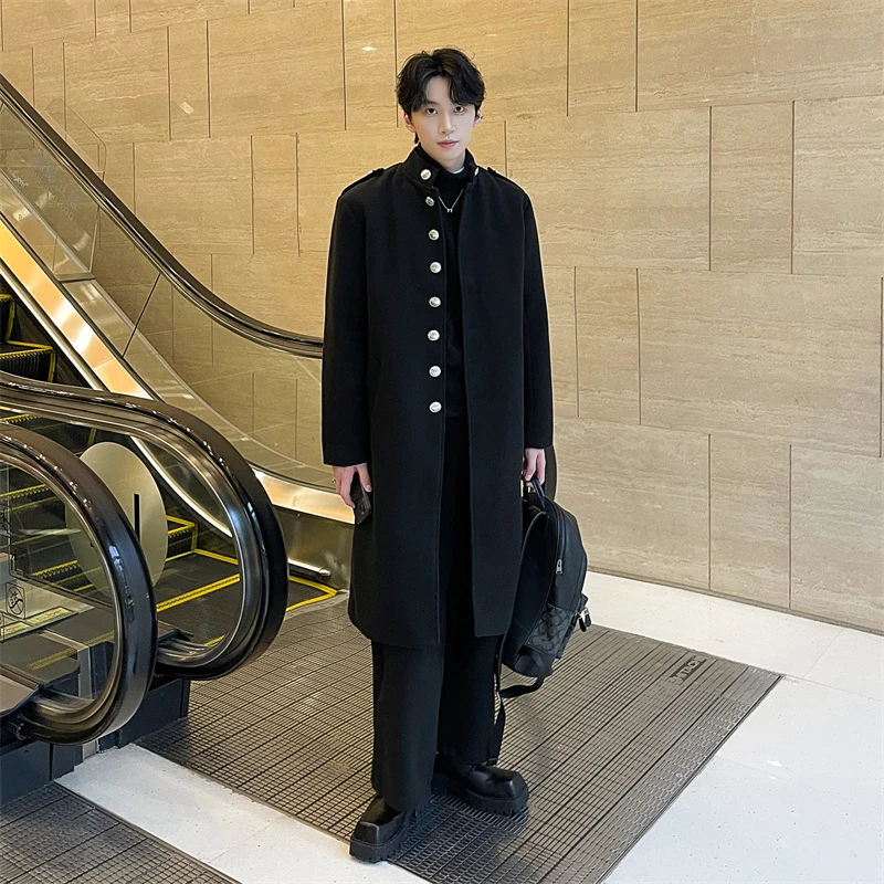 Мужское шерстяное пальто PFHQ на осень и зиму Длинная ветровка толстая 2024 темная