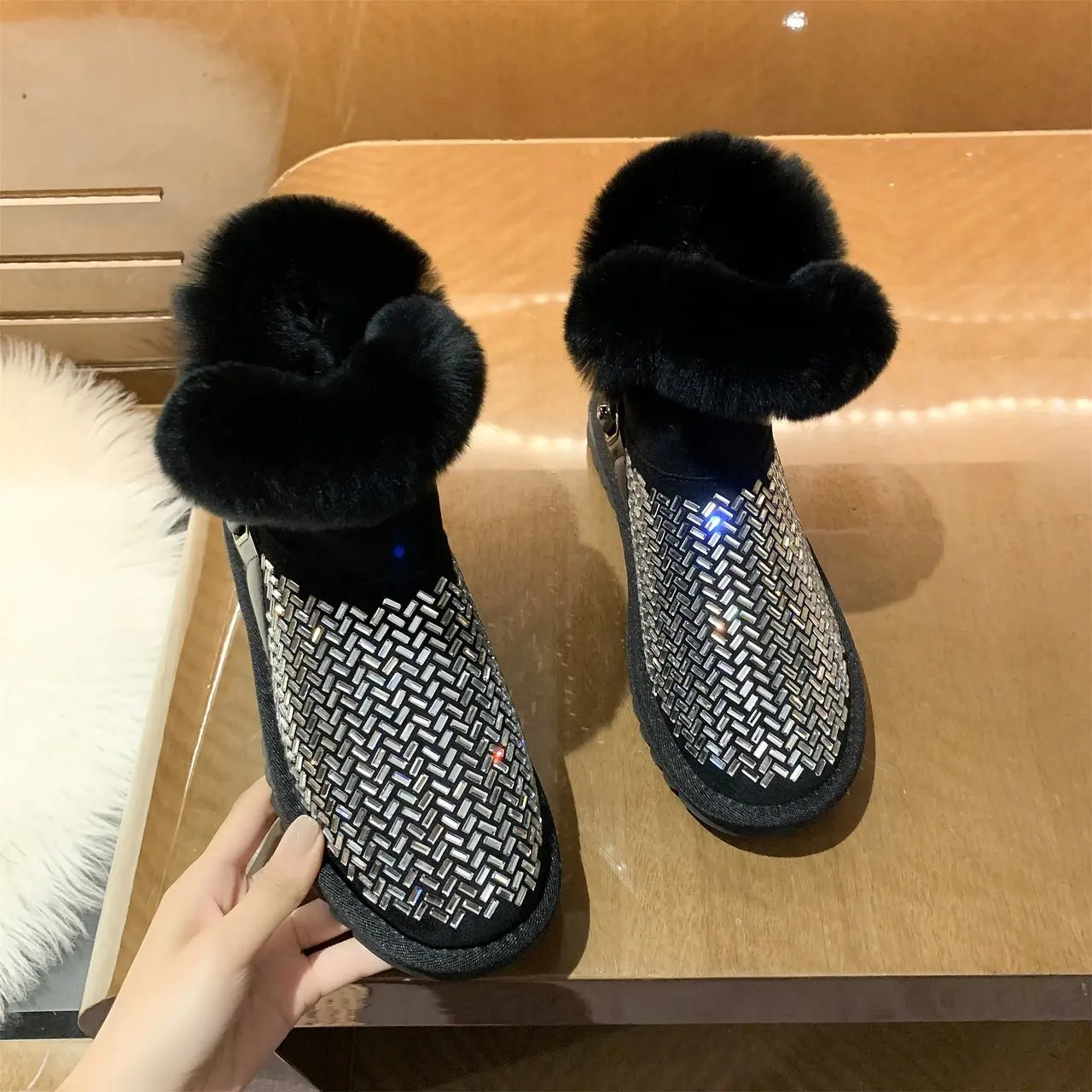 2022 New Winter Ankle Boot for Women Fashion Retro Strap Bling Shoes Short Woman Snow Booties Ladies Warm Plush Cotton Slippers