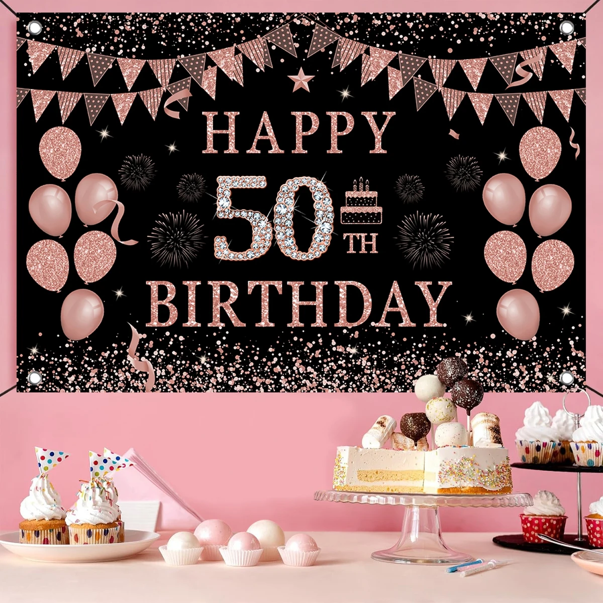 Фон для фотосъемки с днем рождения Черный Розовый Блестящий 16 21 30 40 50 60 лет