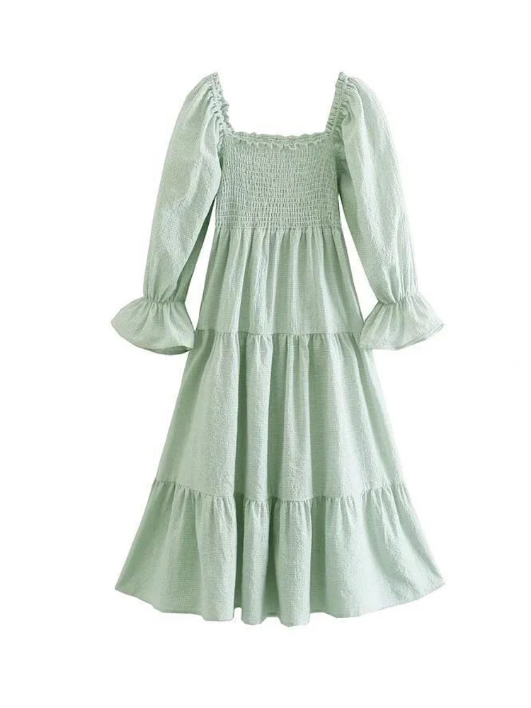 

Women Vintage Lantern Sleeve Midi Dress Summer Bow Plaid A-line Dresses