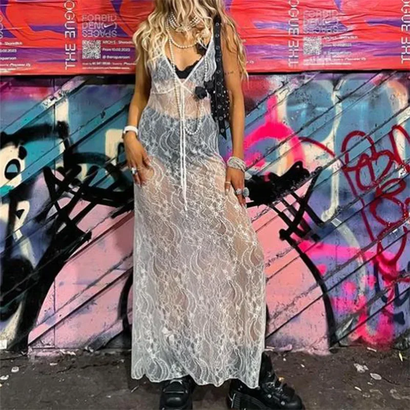 Deeptown сексуальное прозрачное кружевное платье-майка женское длинное платье без