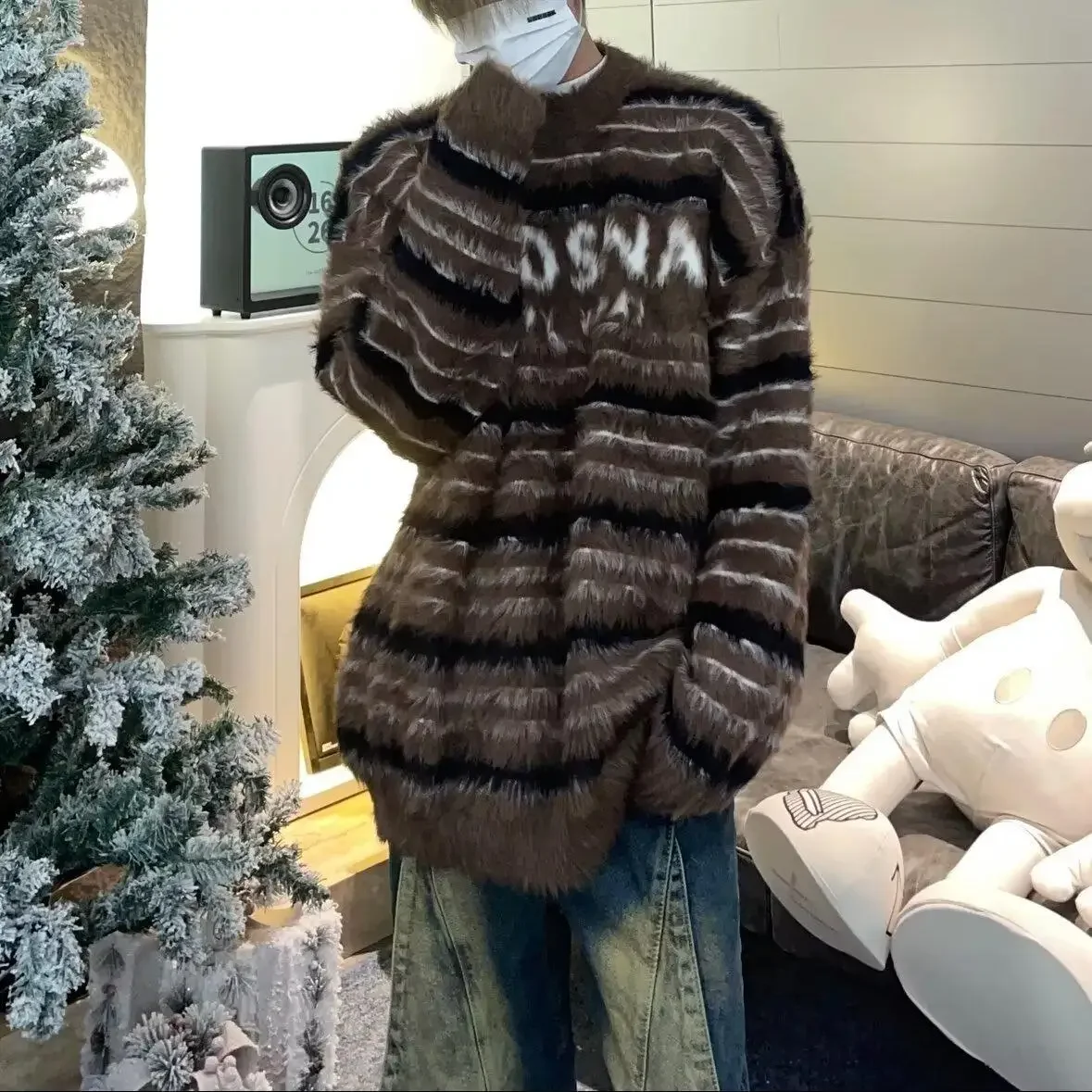 Осень/зима модный жаккардовый полосатый свитер в стиле Idle для мужчин и женщин