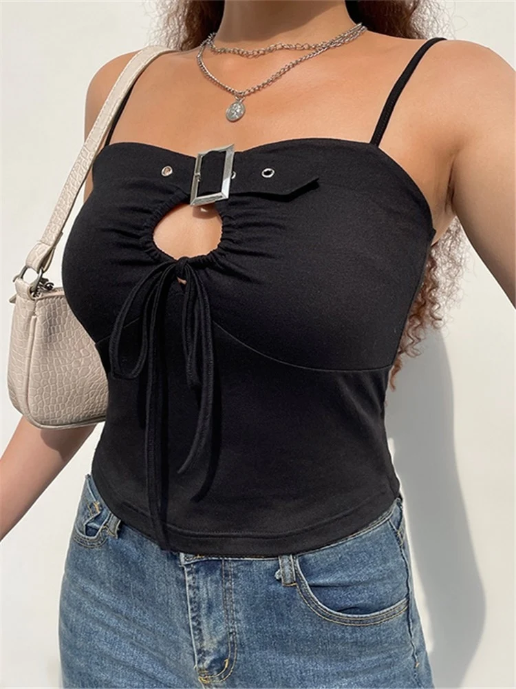 

Summer Club Women Camis Sexy Slim Hasp Hollow Out Drawstring Backless Y2k Fashion Tank Top Young Girl Sweet Skinny Cute Crop Top