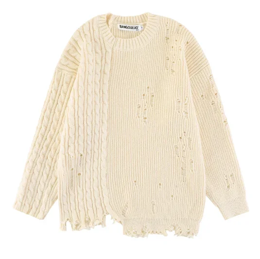 Autumn/Winter Men's high street style hip hop trend sweater Twist knit crochet cut hole solid color loose pullover