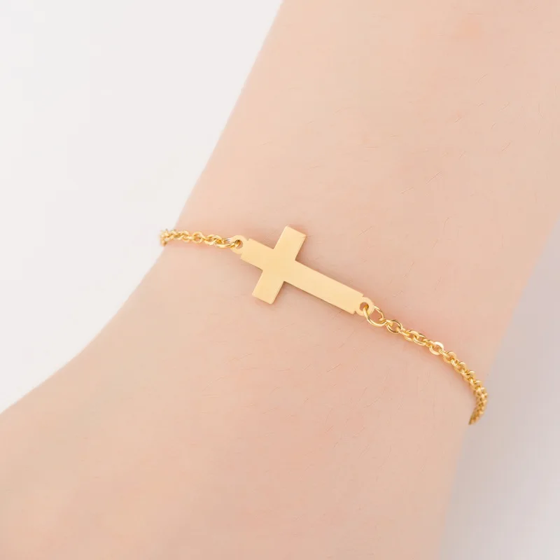 

Minimalism Holy Religious Charm Gold Plated Stainless Steel Chain Dainty Sideways Cross Bracelets for Girls Gift