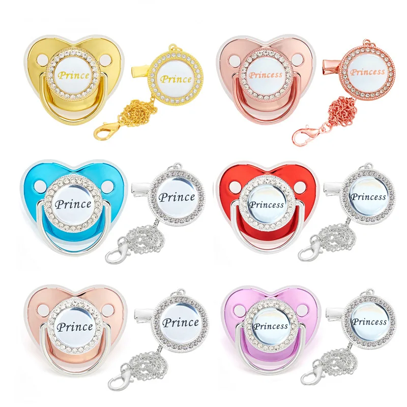 

Prince and Princess Bling Baby Pacifier with Clip BPA Free Silicone Infant Nipple Newborn Dummy Soother Baby Shower Gift 0-6 M