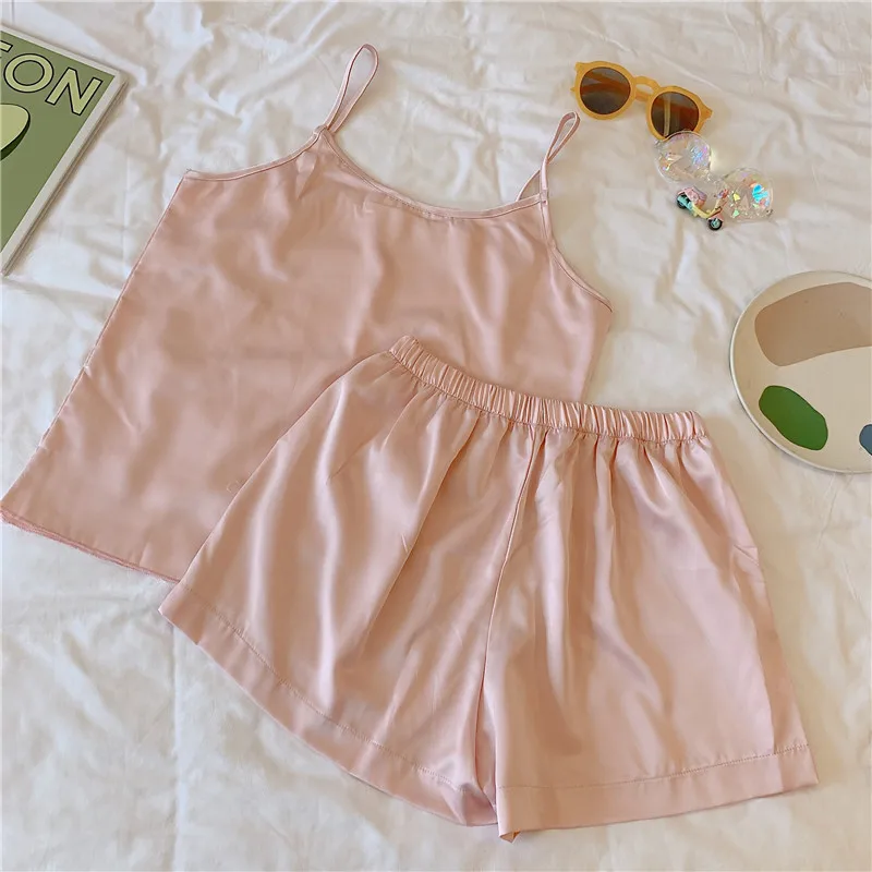 CAIYIER Sweet Solid Color Lingerie Sets For Women Sling Sleeveless Sexy Sleepwear Summer Famale Underwear Nightwear Suit M-XL