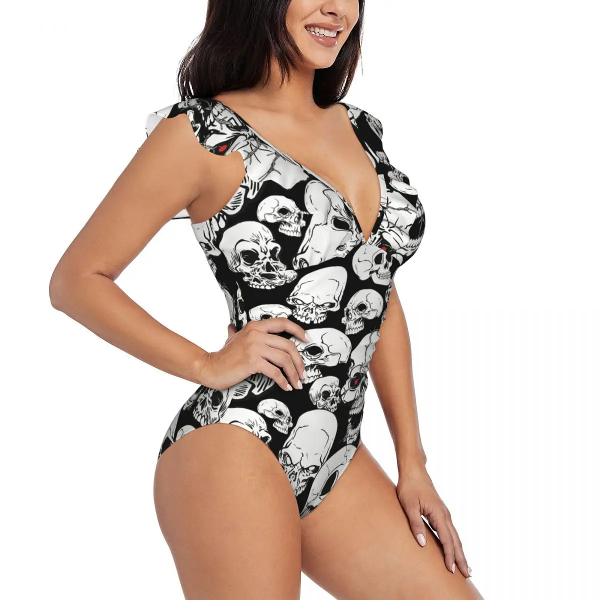 

Swimwear Women One Piece Swimsuit Scary Skull With Red Eyes Female Swimming Bikinis Push Up Monokini Sexy Ruffle Bathing Suit