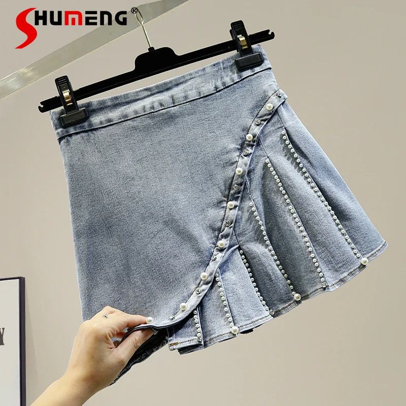 

Готическая юбка Стразы с жемчужинами, плиссированная джинсовая юбка с листьями лотоса неправильной формы в Корейском стиле, милая облегающ...