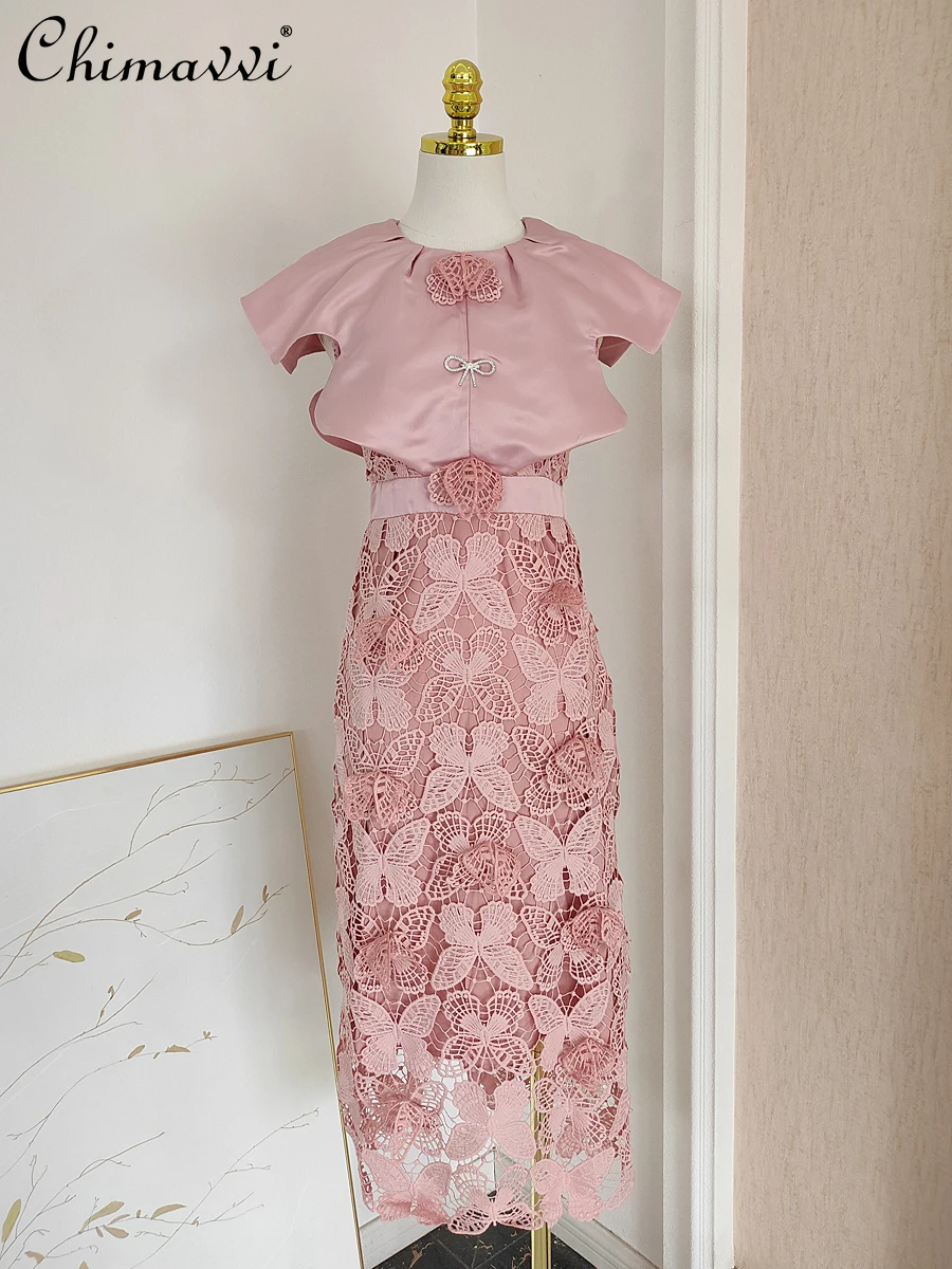 

French Fashion Bowknot Diamond Dress 2023 Summer New Water Soluble Lace Embroidery Hollow Out Stitching Slim Dress Party Dress