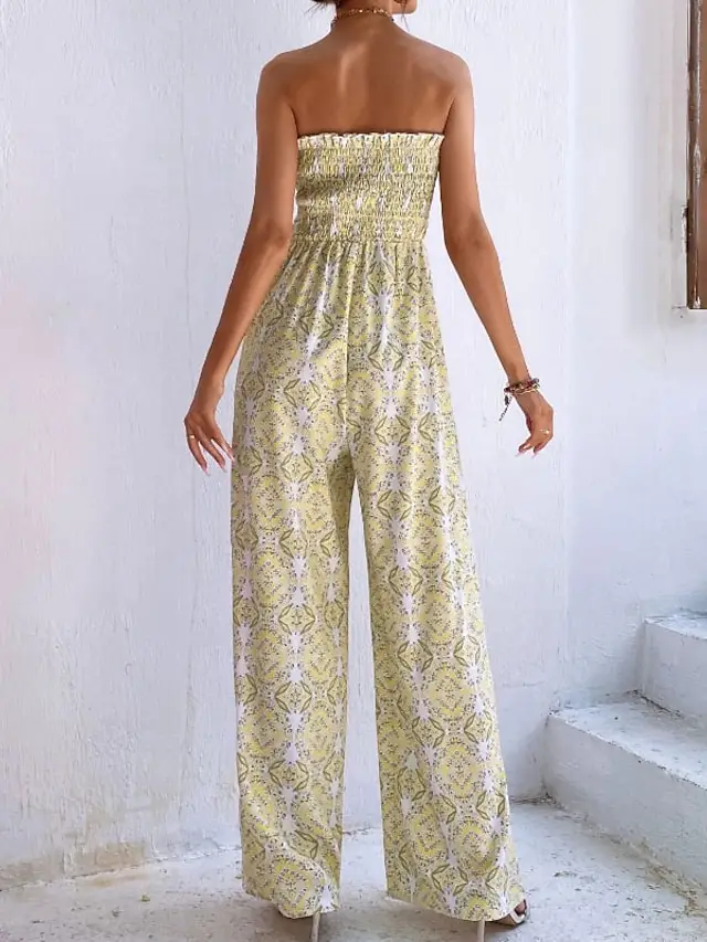 

Women's Jumpsuit Backless Print Floral Strapless Elegant Holiday Going out Regular Fit Sleeveless Green Yellow Khaki S M L Sprin