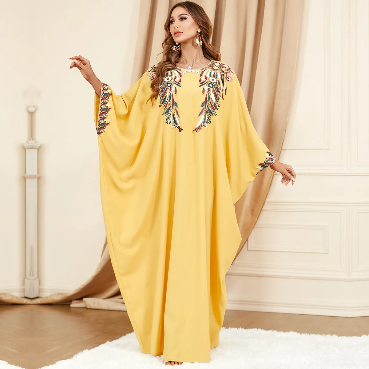 

SuperAen Muslim Yellow Batwing Sleeve Women Clothing Loose Fashion Oversize Maxi Dress for Women