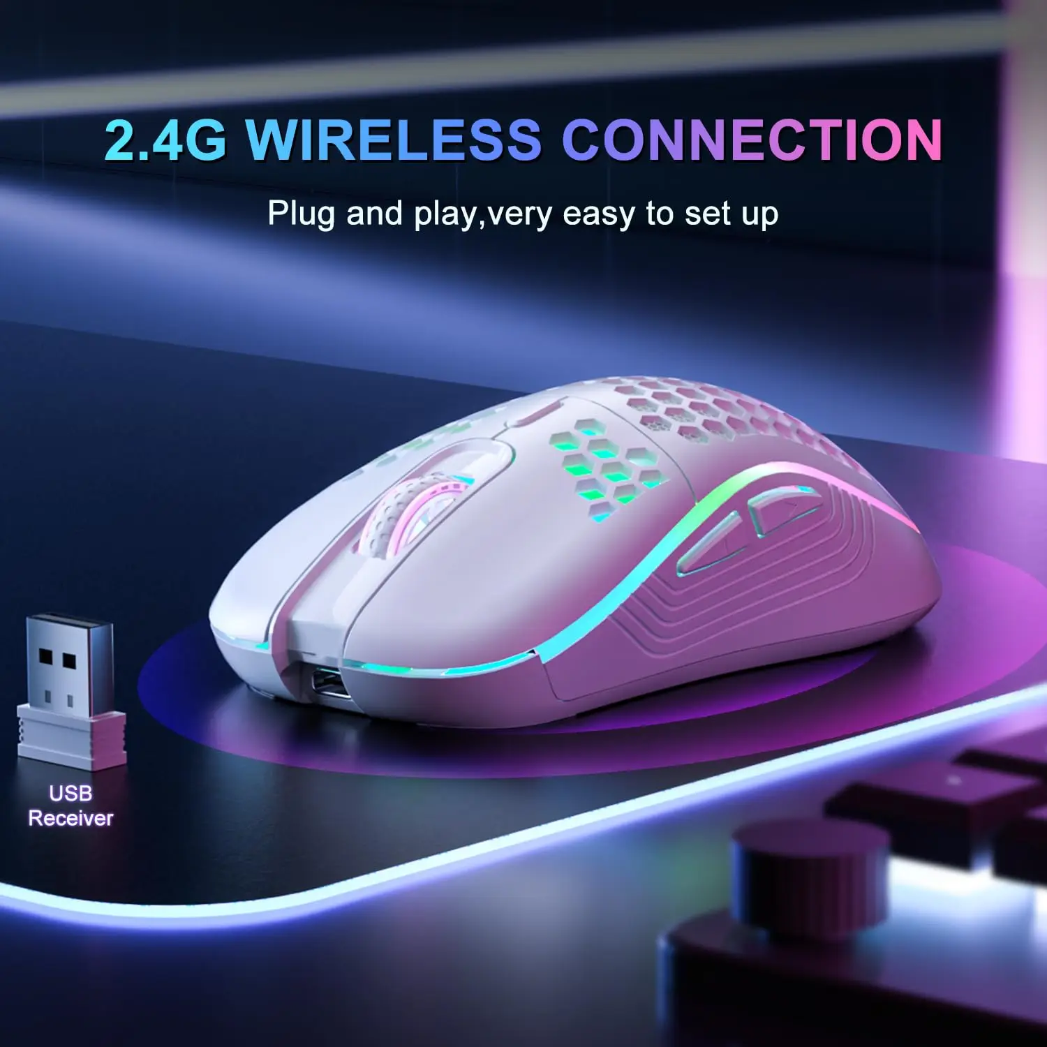 2.4G Wireless Gaming Mouse RGB Lighting Charging with Adjustable DPI Ergonomic Honeycomb Design for Desktop Laptop