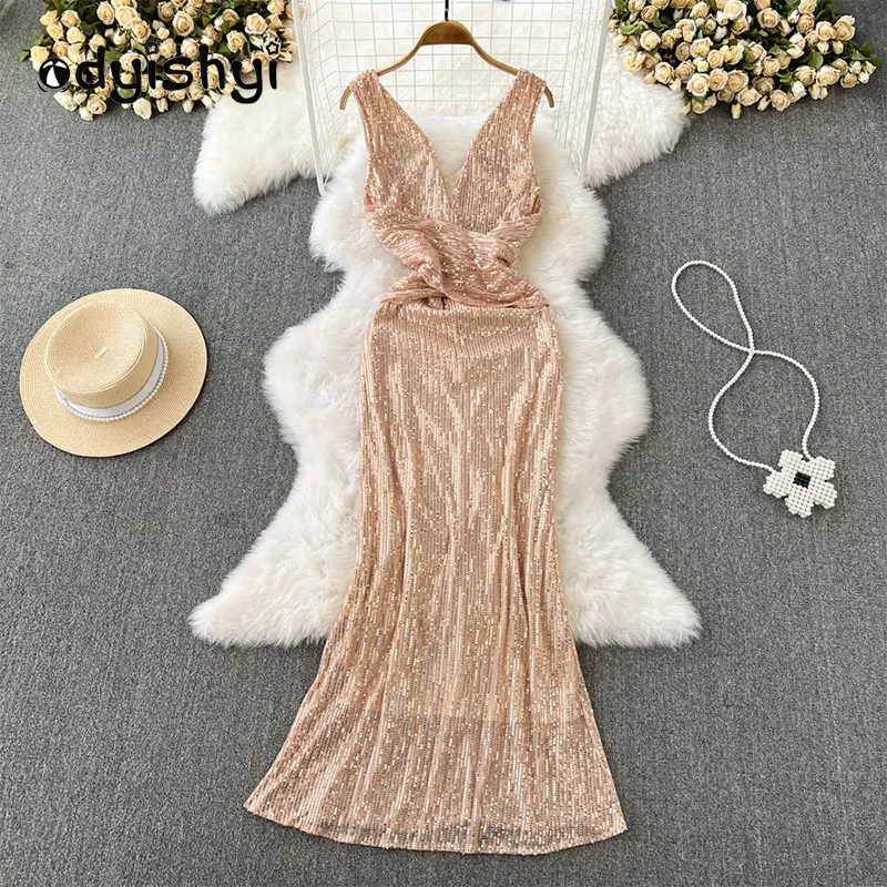 

Elegant Women Evening Party Dress Temperament V-Neck Sleeveless A Line Fish Tail Dress Lady Fashion Sequined Long Vestidos YD218