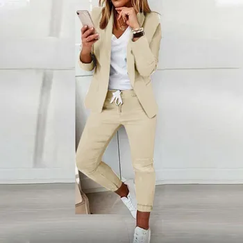 Women Blazer 2-piece Pant Suits Autumn Office Lady Long Sleeve Pocket Pencil Trousers OL Workwear Sets Jacket + Pants Tracksuits 1