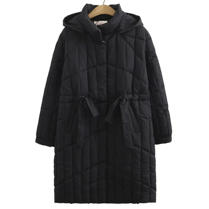 5XL Winter Parkas Plus Size Women Clothing Loose Fit X-Long Padded Jacket Drawstring Waist Geometric Thick Down Cotton Warm Coat