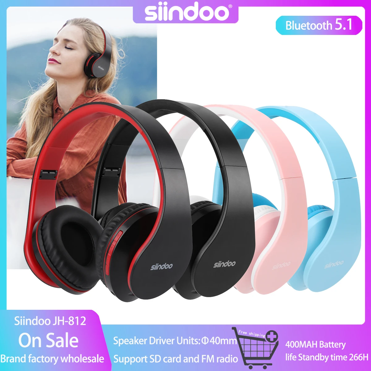 

Siindoo JH-812 Bluetooth Headphone Foldable Stereo Earphones Music Headset FM and Support SD Card with Mic for Mobile Samsung PC