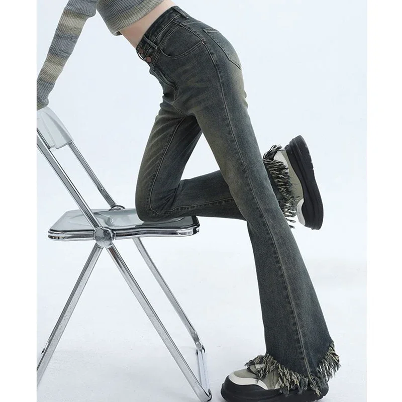 Женские эластичные уличные расклешенные джинсы с высокой талией женские