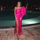 Длинное вечернее платье на одно плечо, атласное платье с пышными рукавами, длинное праздвечерние чное платье фуксии, платье до пола, элегантные платья для женщин